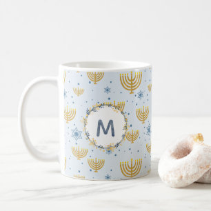 Navy Blue Watercolor Monogram + Hanukkah Pattern Coffee Mug