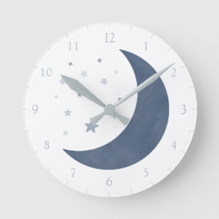 Navy Blue Watercolor Moon and Stars Round Clock