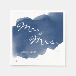 Navy Blue Watercolor Mr Mrs Cocktail Party Napkin