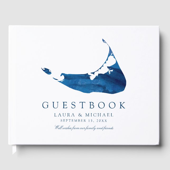 Navy Blue Watercolor Nantucket Map Wedding Guest Book (Front)