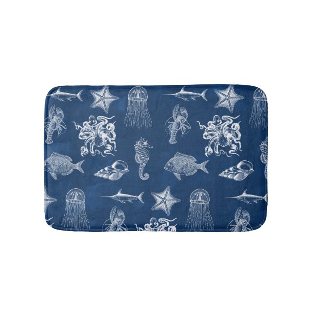 Navy Blue Watercolor Ocean Marine Animals  Bath Mat (Front)