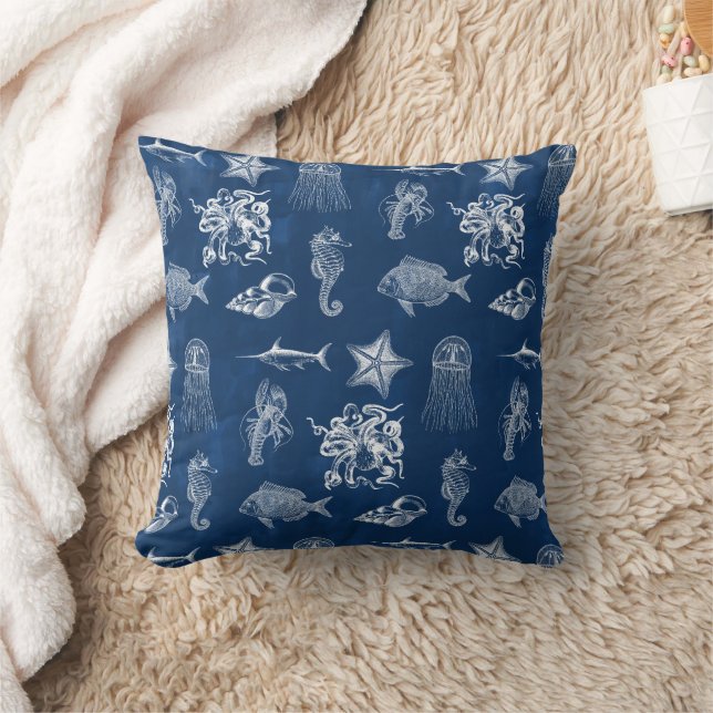 Navy Blue Watercolor Ocean Marine Animals  Cushion (Blanket)