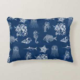 Navy Blue Watercolor Ocean Marine Animals  Decorative Cushion