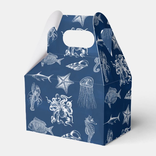 Navy Blue Watercolor Ocean Marine Animals  Favour Box (Front Side)
