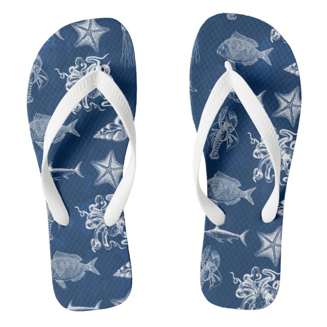 Navy Blue Watercolor Ocean Marine Animals  Flip Flops (Footbed)