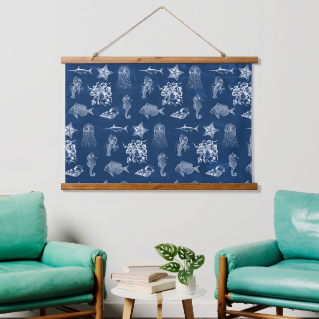 Navy Blue Watercolor Ocean Marine Animals Hanging Tapestry (Living Room)