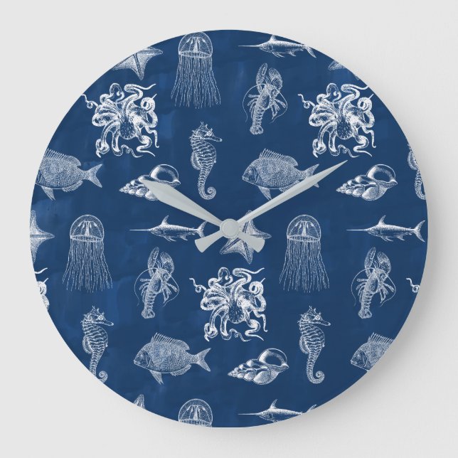 Navy Blue Watercolor Ocean Marine Animals Large Clock (Front)