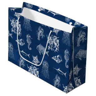 Navy Blue Watercolor Ocean Marine Animals Large Gift Bag