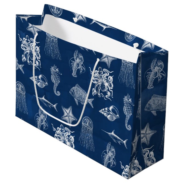Navy Blue Watercolor Ocean Marine Animals Large Gift Bag (Front Angled)