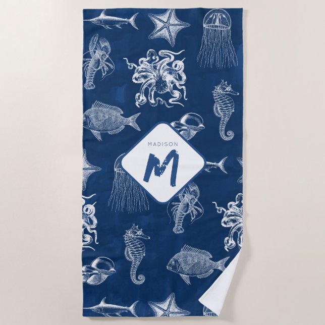Navy Blue Watercolor Ocean Marine Animals Monogram Beach Towel (Front)