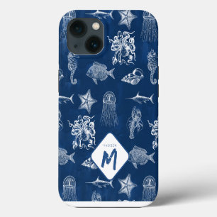 Navy Blue Watercolor Ocean Marine Animals Monogram iPhone 13 Case
