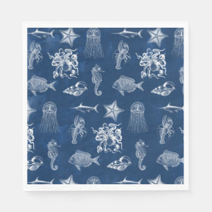 Navy Blue Watercolor Ocean Marine Animals Napkin