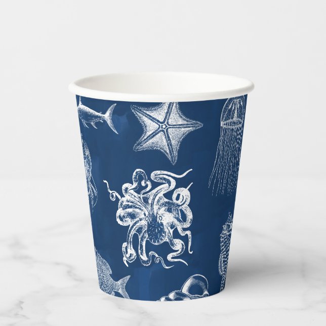 Navy Blue Watercolor Ocean Marine Animals  Paper Cups (Front)