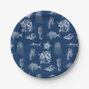 Navy Blue Watercolor Ocean Marine Animals Paper Plate