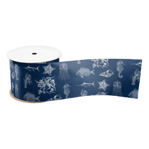 Navy Blue Watercolor Ocean Marine Animals Satin Ribbon