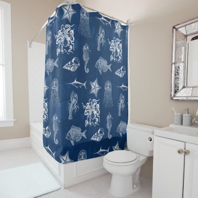 Navy Blue Watercolor Ocean Marine Animals Shower Curtain (In Situ)