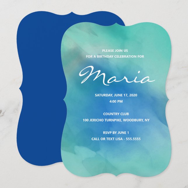 Navy Blue Watercolor ombre Birthday Invitation (Front/Back)
