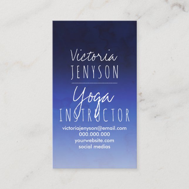 Navy blue watercolor ombre yoga business card (Front)