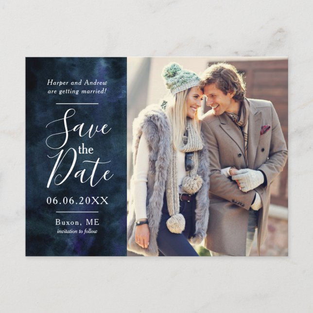 Navy Blue Watercolor Photo Save the Date Announcement Postcard (Front)