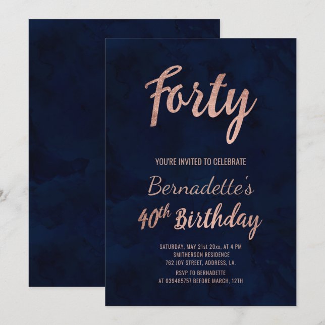 Navy blue watercolor rose gold 40th Birthday Invitation (Front/Back)