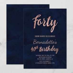Navy blue watercolor rose gold 40th Birthday Invitation