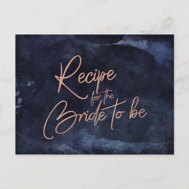 Navy Blue Watercolor Rose Gold Bridal Recipe Card (Front)