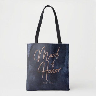 Navy Blue Watercolor & Rose Gold Maid of Honour Tote Bag