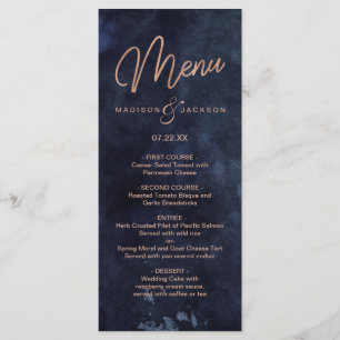 Navy Blue Watercolor & Rose Gold Wedding Menu