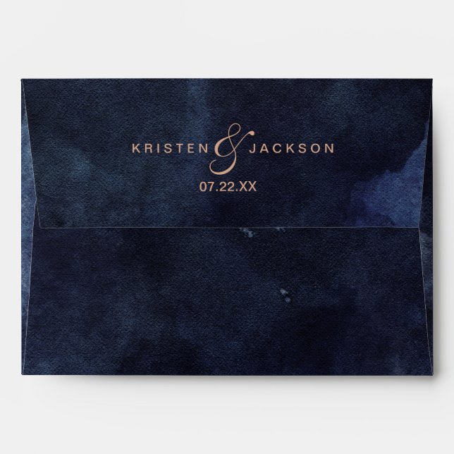 Navy Blue Watercolor & Rose Gold Wedding Monogram Envelope (Back (Top Flap))