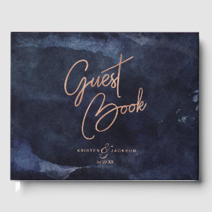 Navy Blue Watercolor & Rose Gold Wedding Monogram Guest Book