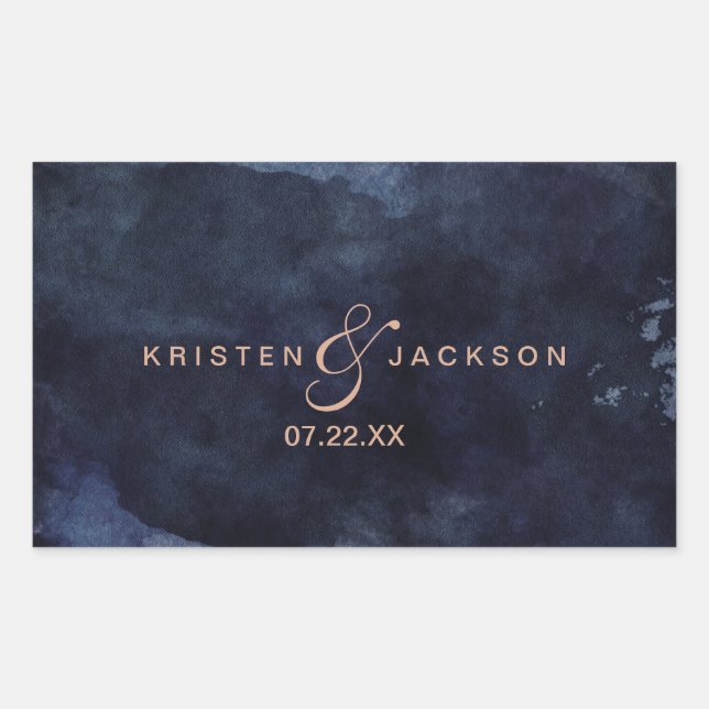 Navy Blue Watercolor & Rose Gold Wedding Monogram Rectangular Sticker (Front)