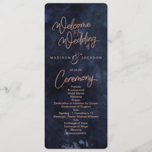 Navy Blue Watercolor & Rose Gold Wedding Program Programme