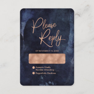 Navy Blue Watercolor Rose Gold Wedding Reply RSVP