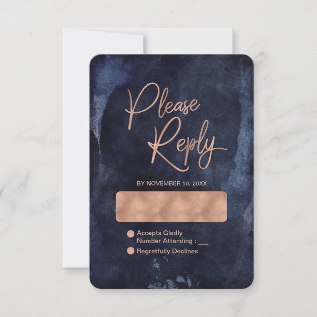 Navy Blue Watercolor Rose Gold Wedding Reply RSVP (Front)