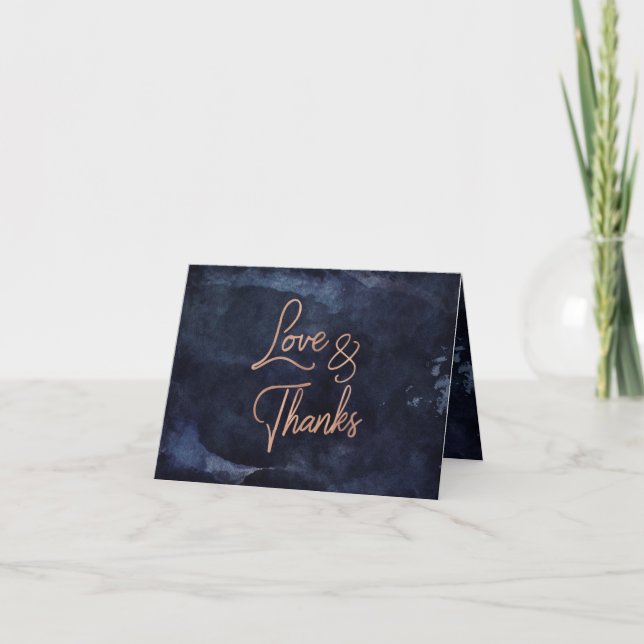 Navy Blue Watercolor & Rose Gold Wedding Thank You (Front)