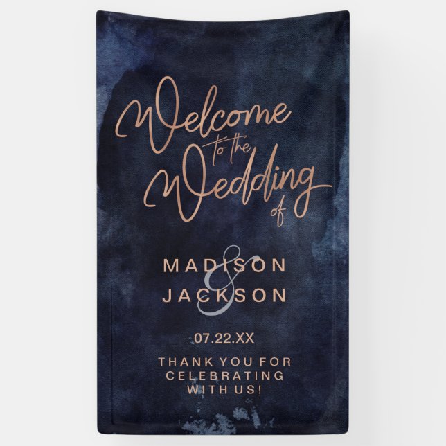 Navy Blue Watercolor & Rose Gold Wedding Welcome Banner (Vertical)