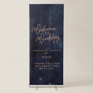 Navy Blue Watercolor & Rose Gold Wedding Welcome Retractable Banner