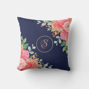 Navy Blue Watercolor Roses Floral Glitter Monogram Cushion