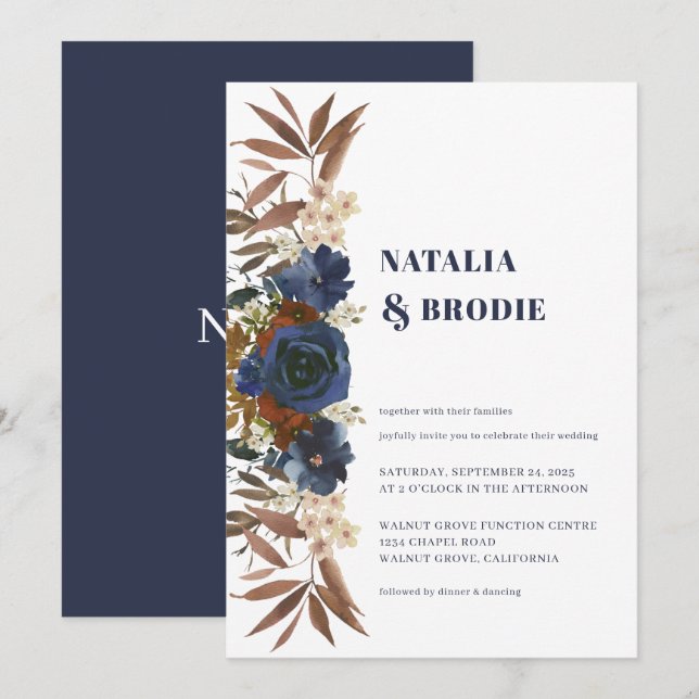 Navy Blue Watercolor Roses Wedding Invitation (Front/Back)