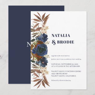 Navy Blue Watercolor Roses Wedding Invitation