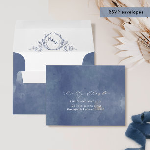 Navy Blue Watercolor RSVP w/ Return Address Crest  Envelope