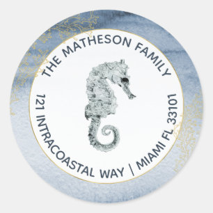 Navy Blue Watercolor Seahorse Coastal Address Classic Round Sticker