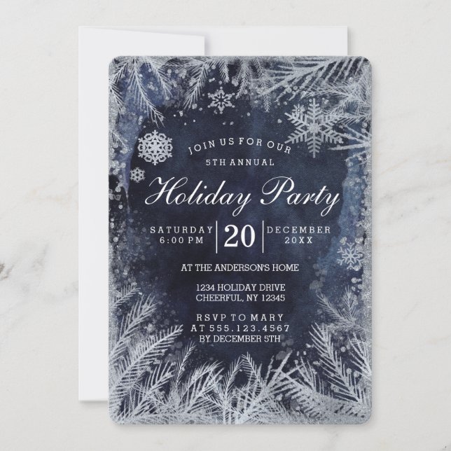 Navy Blue Watercolor & Silver Christmas Party Invitation (Front)