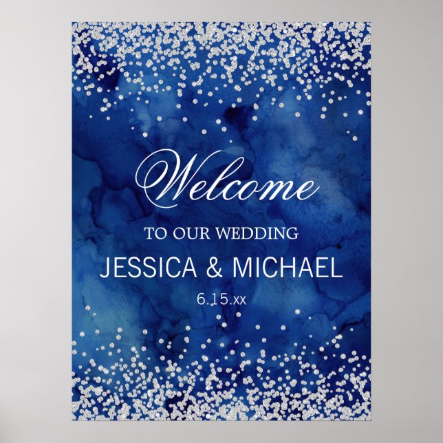 Navy Blue Watercolor Silver Glitter Wedding Poster (Front)