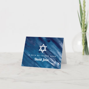 Navy Blue Watercolor Star of David Bar Mitzvah Thank You Card