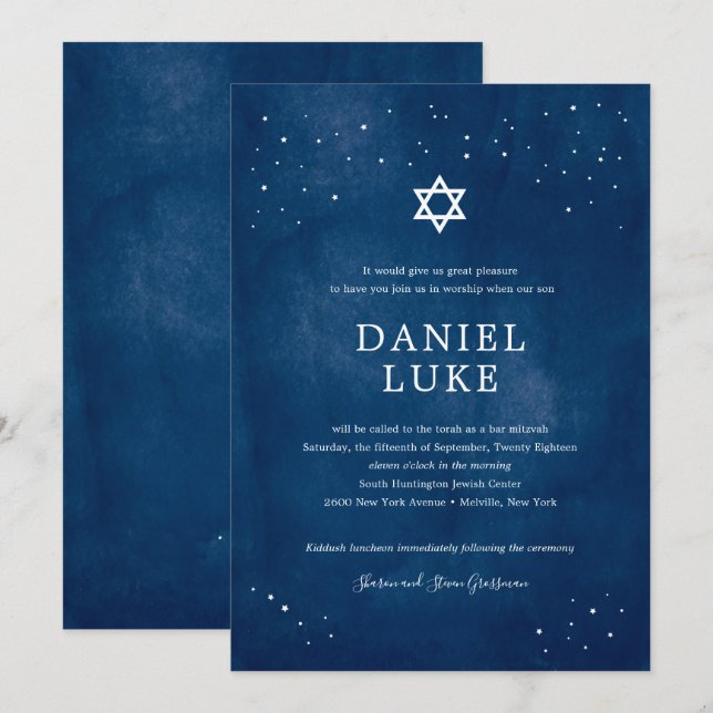 Navy Blue Watercolor Starry Night Bar Mitzvah Invitation (Front/Back)