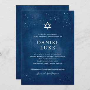 Navy Blue Watercolor Starry Night Bar Mitzvah Invitation