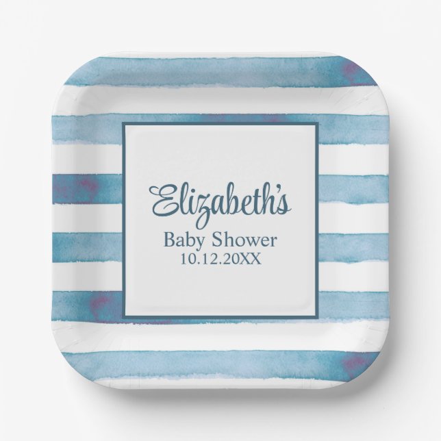 Navy Blue Watercolor Stripes Baby Shower  Paper Plate (Front)