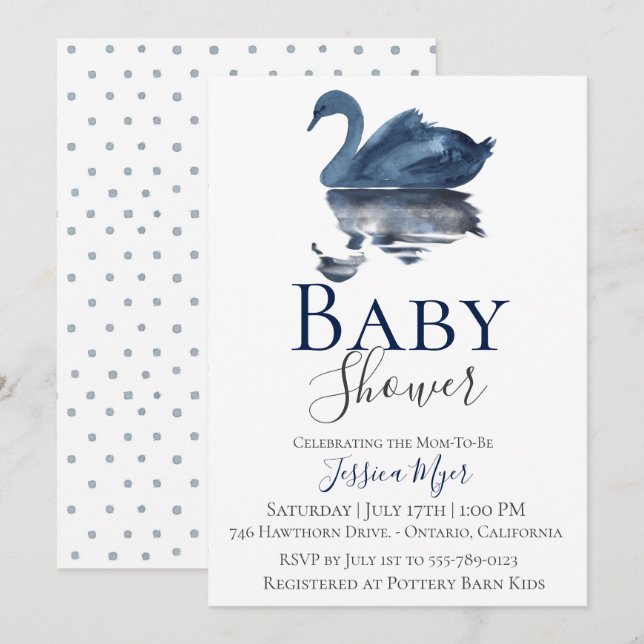 Navy Blue Watercolor Swan Baby Shower Invitation (Front/Back)