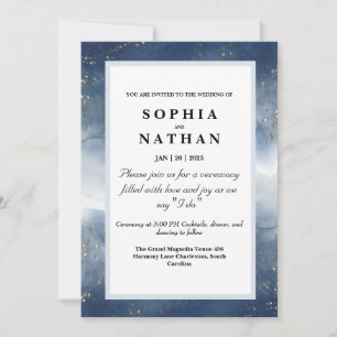 Navy Blue Watercolor Wedding Invitation with Gold